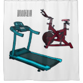 トレッドミル&スピニング自転車の漫画イラストレーション シャワーカーテン (正面)