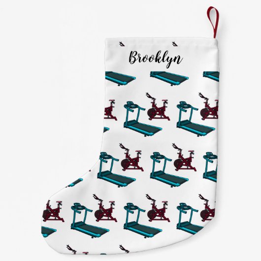 トレッドミル&スピニング自転車の漫画イラストレーション スモールクリスマスストッキング (裏面)