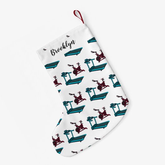 トレッドミル&スピニング自転車の漫画イラストレーション スモールクリスマスストッキング (裏面 (吊り時))