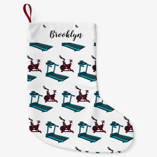 トレッドミル&スピニング自転車の漫画イラストレーション スモールクリスマスストッキング (正面)