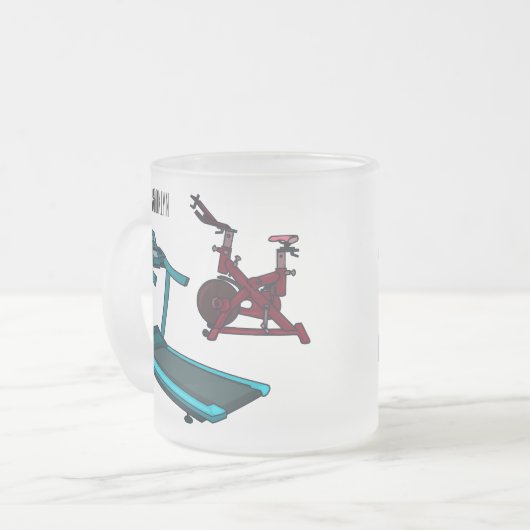 トレッドミル&スピニング自転車の漫画イラストレーション フロストグラスマグカップ (正面左)