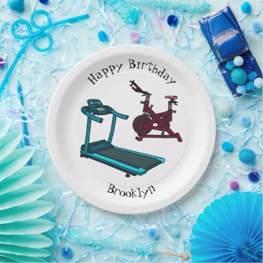 トレッドミル&スピニング自転車の漫画イラストレーション ペーパープレート (パーティー)