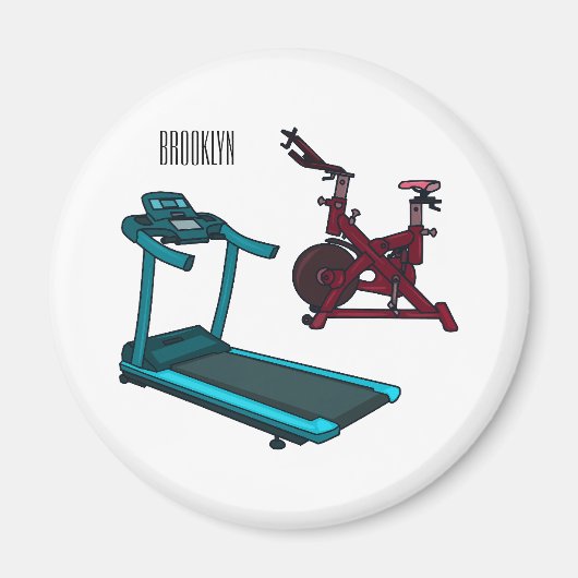 トレッドミル&スピニング自転車の漫画イラストレーション マグネット (正面)