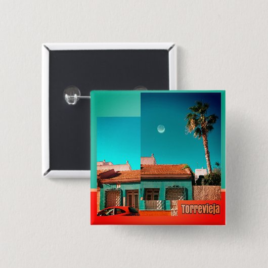 トレビエハハウス，ムーン，ヤシ，オレンジとトルコイズ 缶バッジ (正面&裏面)