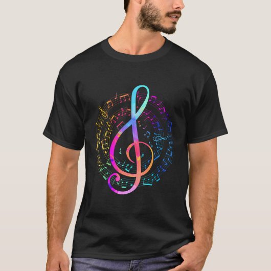 トレブルカラフルクレフ、 音符記号音楽 Tシャツ (正面)