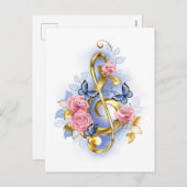 トレブルクレフ、 音符記号とピンクローズ シーズンポストカード (正面/裏面)