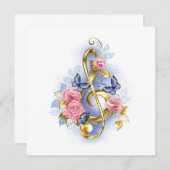 トレブルクレフ、 音符記号とピンクローズ ノートカード (正面/裏面)