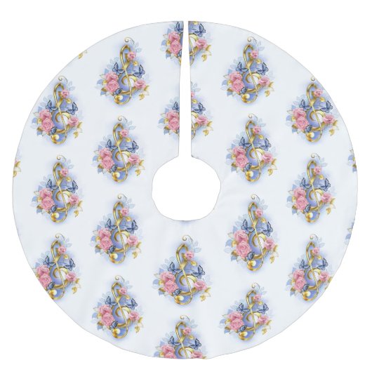 トレブルクレフ、 音符記号とピンクローズ ブラッシュドポリエステルツリースカート (正面)