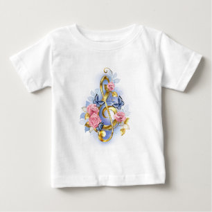 トレブルクレフ、 音符記号とピンクローズ ベビーTシャツ