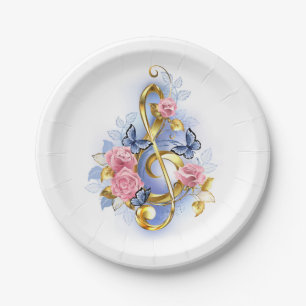 トレブルクレフ、 音符記号とピンクローズ ペーパープレート