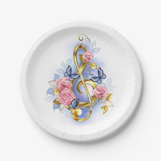 トレブルクレフ、 音符記号とピンクローズ ペーパープレート (正面)
