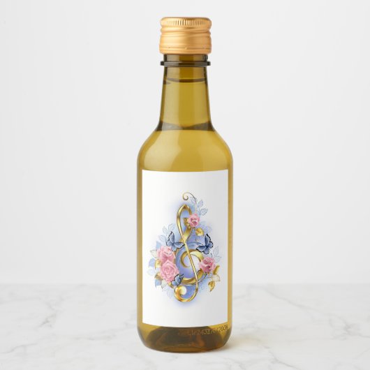 トレブルクレフ、 音符記号とピンクローズ ワインラベル (正面)