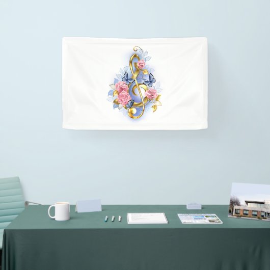 トレブルクレフ、 音符記号とピンクローズ 横断幕 (トレードショー)