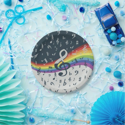 トレブルクレフ、 音符記号ウェーブレインボーカラー ペーパープレート (パーティー)