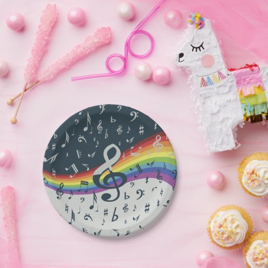 トレブルクレフ、 音符記号ウェーブレインボーカラー ペーパープレート (パーティー)