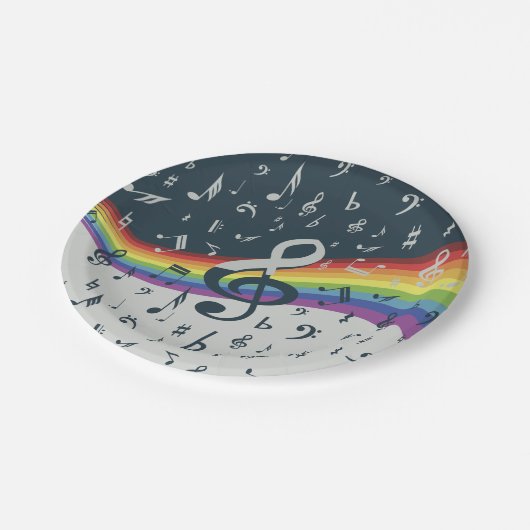 トレブルクレフ、 音符記号ウェーブレインボーカラー ペーパープレート (アングル)