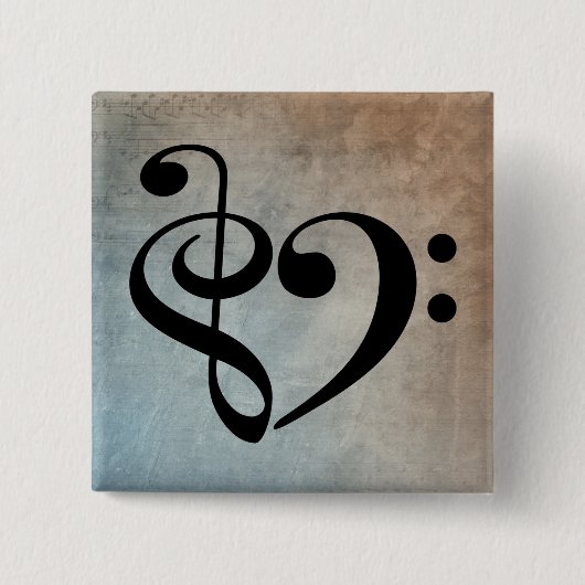 トレブルクレフ、 音符記号ベースクレフ、 音符記号ハートヴィンテージシートミュージック 缶バッジ (正面)