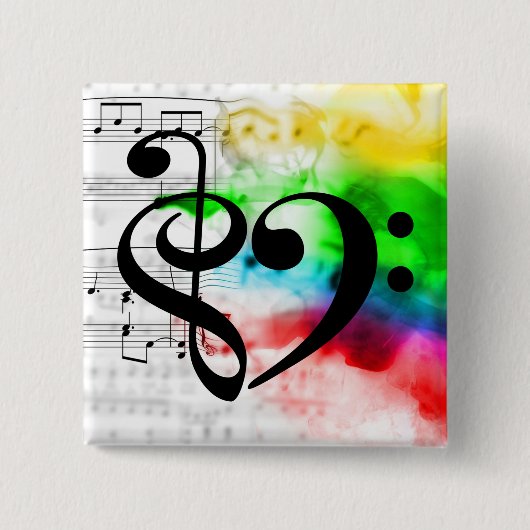 トレブルクレフ、 音符記号ベースクレフ、 音符記号ハートヴィンテージシートミュージック 缶バッジ (正面)