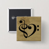 トレブルクレフ、 音符記号ベースクレフ、 音符記号ハートヴィンテージシートミュージック 缶バッジ (正面&裏面)