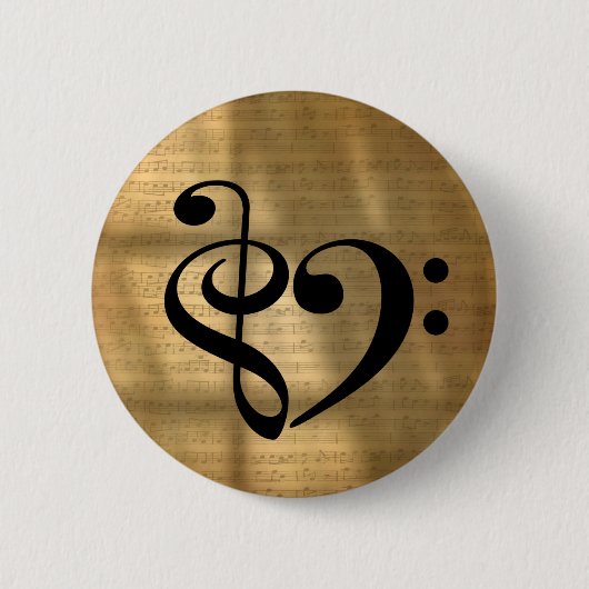 トレブルクレフ、 音符記号ベースクレフ、 音符記号ハートヴィンテージシート音楽Bu 缶バッジ (正面)