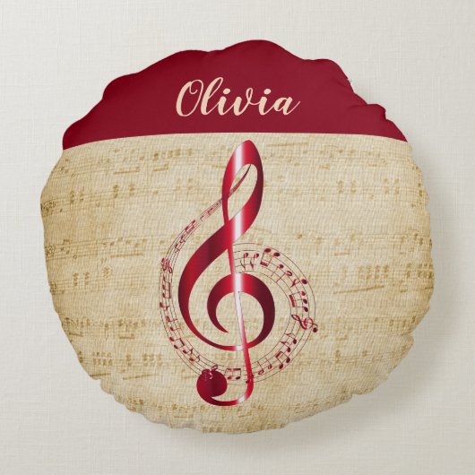 トレブルクレフ、 音符記号ヴィンテージ音楽 ラウンドクッション (裏面)