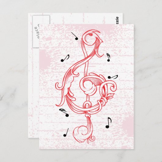 トレブルクレフ、 音符記号赤いスクロール加工ソル注記鍵 ポストカード (正面/裏面)