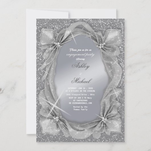 トレンディでおしゃれなシルバー、ファッショナブルなエンゲージメントパーティー 招待状 (裏面)