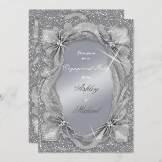 トレンディでおしゃれなシルバー、ファッショナブルなエンゲージメントパーティー 招待状 (正面/裏面)