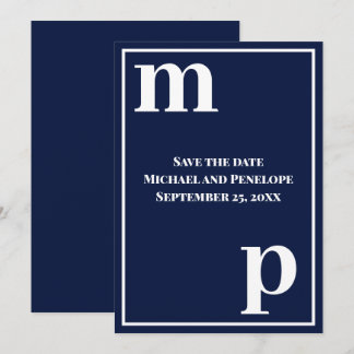 トレンディでかわいいモノグラム ネイビーブルーのSave the Date 招待状