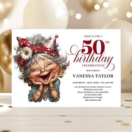 トレンディで遊び心のある女性の50歳の誕生日 ユーモアあふれる  招待状