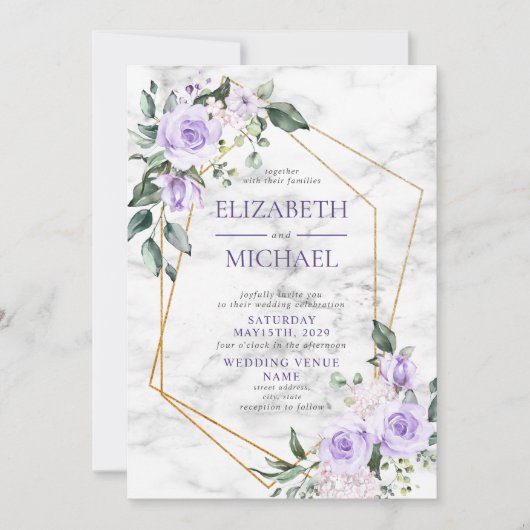 トレンディなゴールドの幾何学的なラベンダーの花のマーブルプリントのスプリングコレクションです 招待状 (正面)