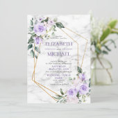 トレンディなゴールドの幾何学的なラベンダーの花のマーブルプリントのスプリングコレクションです 招待状 (スタンド正面)