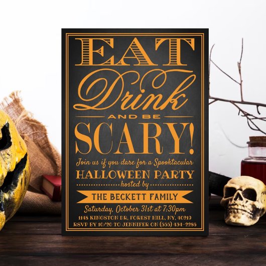 トレンディなタイポグラフィー Eat, Drink & Be Scary ハロウィン 招待状