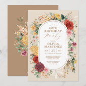 トレンディなトロピカルフラワー ラスティック パンパス バースデー 招待状 (正面/裏面)