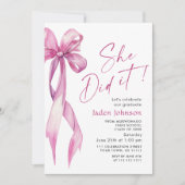 トレンディなピンクのローズボウリボン フォト 卒業パーティー 招待状 (正面)