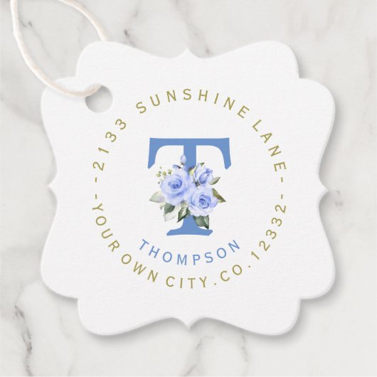 トレンディなブルーの花柄円形住所ラベル フェイバータグ (正面)