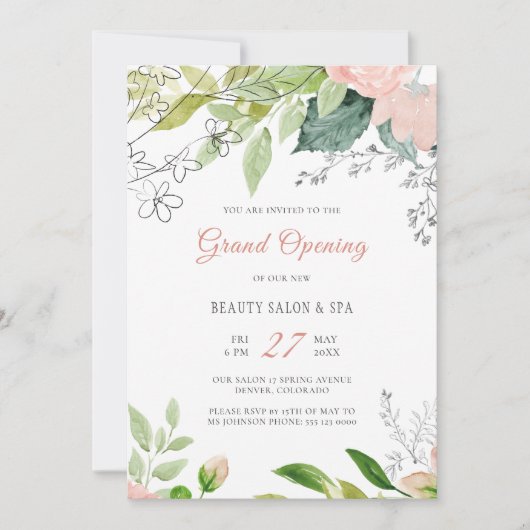 トレンディなボタニカル モダン ビューティー サロン グランド オープン 招待状 (正面)