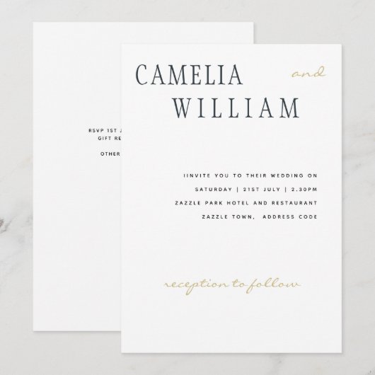 トレンディなモダンウェディング ミッドナイトブルー ゴールド テキスト 招待状 (正面/裏面)