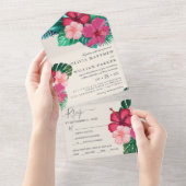 トレンディな花の水彩トロピカルグリーンウェディング オールインワン招待状 (貼ってはがせる)