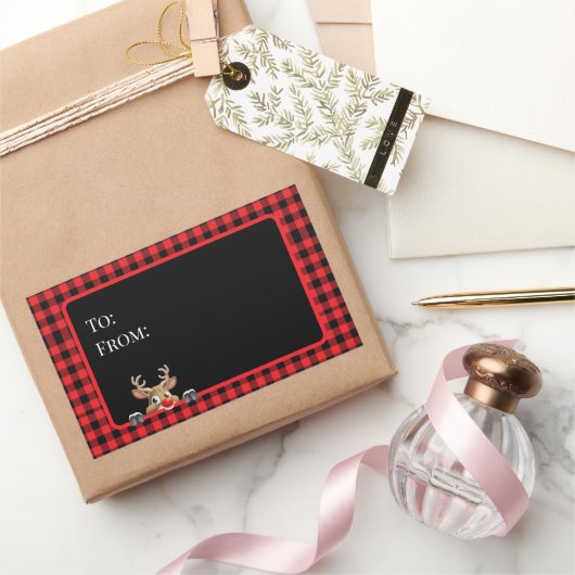トレンディな赤と黒のバイソンチェックにトナカイ 長方形シール (ギフト)