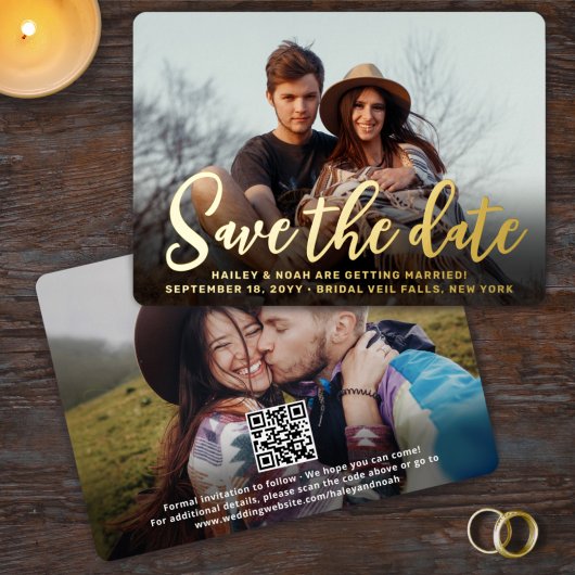 トレンディなQRコード スクリプト 結婚式 Save the Date フォト 箔招待状