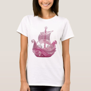 トレンディシルバー ピンク ギラギラする船 3Dテキストアート Tシャツ