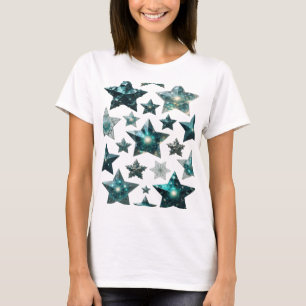 トレンディシルバー ブルー スターズ 3D テキスト アート Tシャツ