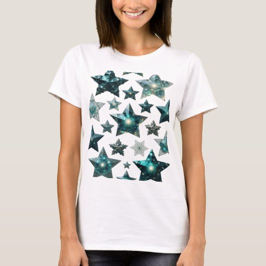 トレンディシルバー ブルー スターズ 3D テキスト アート Tシャツ (正面)