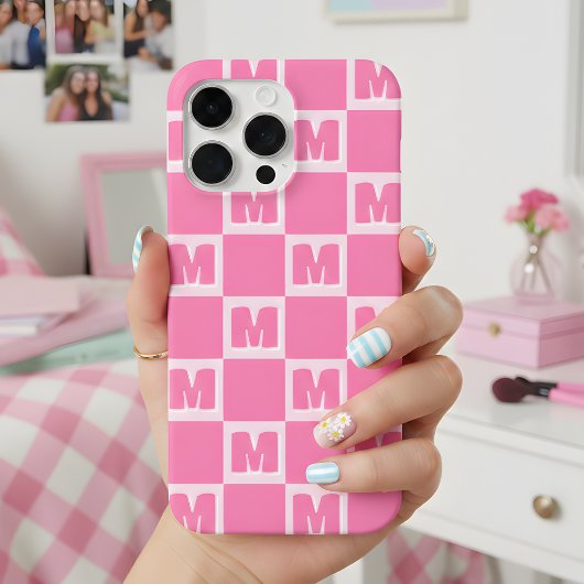 トレンディピンクモノグラム市松模様イニシャル Case-Mate iPhoneケース