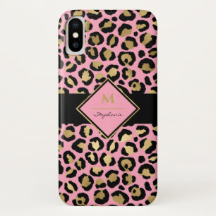 トレンディブラックピンク&ゴールドヒョウ柄 モノグラム iPhone X ケース
