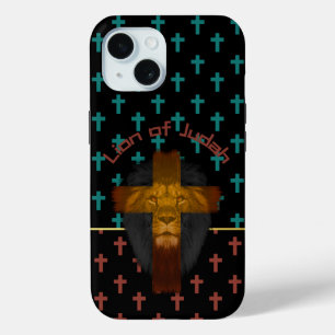 トレンディブラックレッドターコイズクロスライオンオブジュダ iPhone 15ケース
