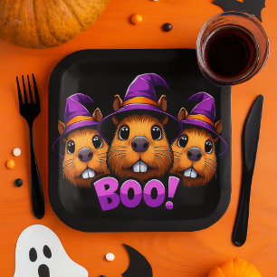 トレンディブラック かわいいハロウィン カピバラ Boo パーティー ペーパープレート
