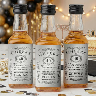 トレンディブラック&シルバータイポグラフィー 誕生日パーティー リキュールボトルラベル