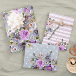 トレンディーおもしろいガーリーピンクブルーパープルフローラストライプ ラッピングペーパーシート